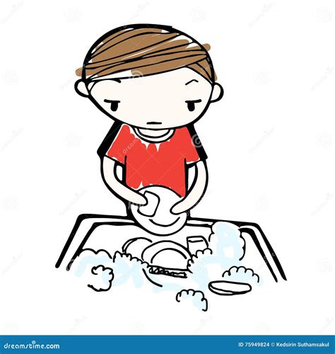 Vector of Cartoon Boy Wash Dishes in Sink Stock Vector - Illustration ...