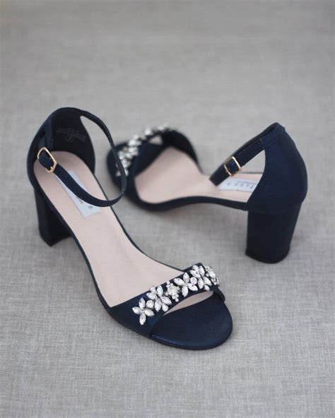 NAVY Shimmer Low Block Heel Sandals with Embellished FLORAL RHINESTONES ...