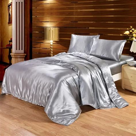 Hot Silver Bedding Sets King Double Size Satin Silk Summer Used Single Bed Linen Luxury Bedding ...