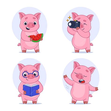 Premium Vector | Collection of cartoon pig eating watermelon taking picture on camera reading ...