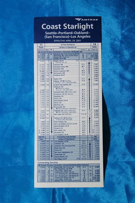 Amtrak - Coast Starlight - Timetable Card - April 29, 2001