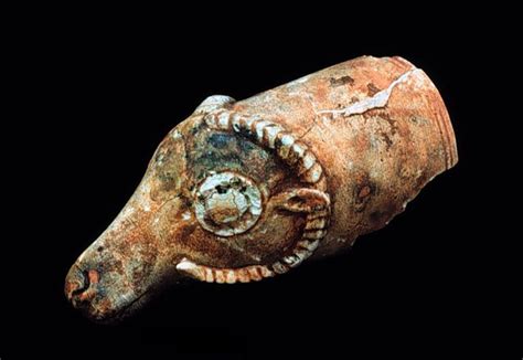 Faience drinking cup in the form of a ram’s head, shipwreck at Uluburun ...