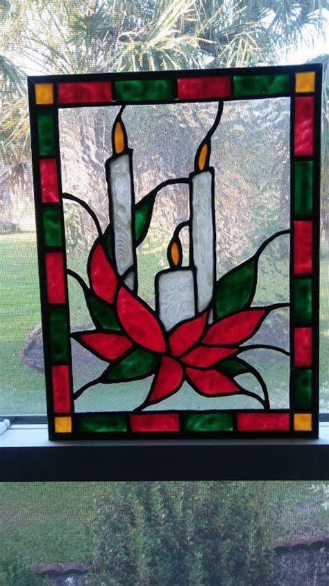 Christmas Candles Stained Glass Window Panel Hand Painted - Etsy