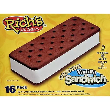 Rich's Ice Cream Grande Vanilla Sandwich, Frozen (16pk/4oz each) - Sam ...