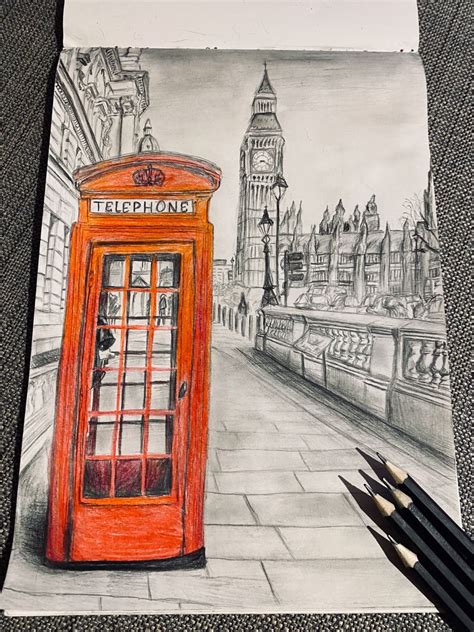 Dessiné aux crayons à papier et crayon de couleur rouge Big Ben Drawing, London, Building ...