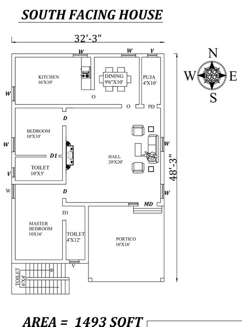 32'X48' Wonderful 2BHK South Facing House Plan As per vastu Shastra, Autocad DWG File Details ...