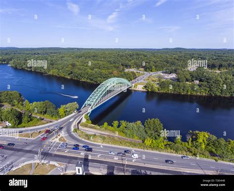 Aerial view of Merrimack River and Tyngsboro Bridge in downtown ...