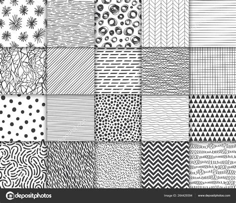 Abstract hand drawn geometric simple minimalistic seamless patterns set. Polka dot, stripes ...