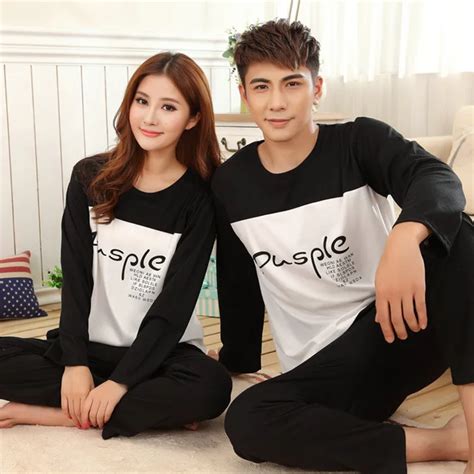 matching couple pajama sets female male autumn lovers letters print white black color blocking ...