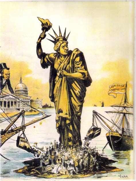 Nativist cartoon depiction of Lady Liberty, "condemning immigration ...