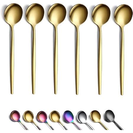 Gold Soup Spoons, Kyraton 6 Pieces 19 cm Stainless Steel Round Spoons with Gold Titanium Plating ...