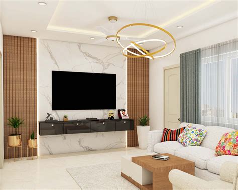 Contemporary TV Unit Design with Marble Wall Panel and Pendant Lights | Livspace