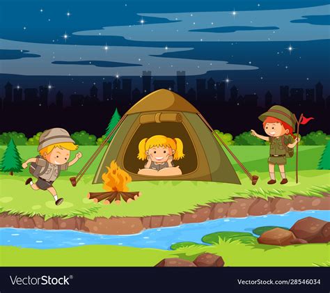 Scene background design with kids camping at night