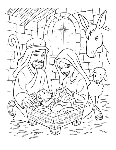 Mary and Joseph sit next to the manger where baby Jesus lies. | Jesus coloring pages, Nativity ...