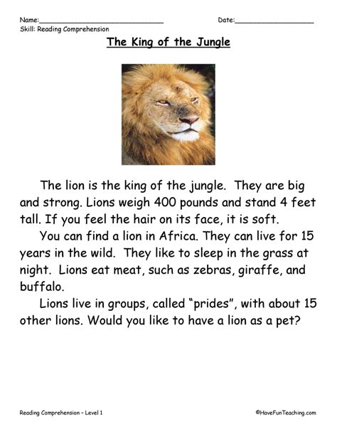 King of the Jungle Reading Comprehension Worksheet - Have Fun Teaching