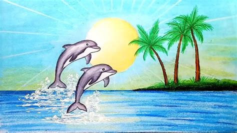 How To Draw Scenery Of Dolphin In Beach Step By Step Easy Draw | Beach drawing, Drawing scenery ...