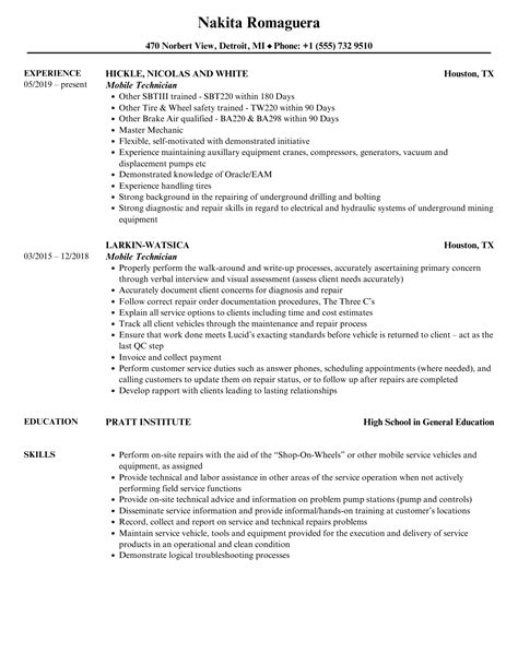 Mobile Technician Resume Samples | Velvet Jobs