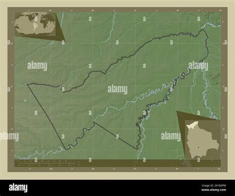 Pando, department of Bolivia. Elevation map colored in wiki style with lakes and rivers. Corner ...