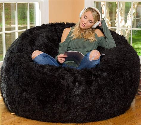 Comfy Sacks 6 ft Memory Foam Bean Bag Chair, Black Furry