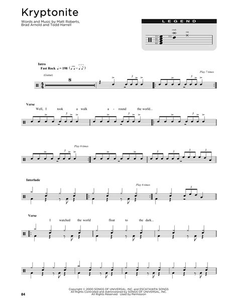 Kryptonite by 3 Doors Down Sheet Music for Drum Chart at Sheet Music Direct