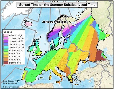 Sunset on summer solstice in Europe - Vivid Maps