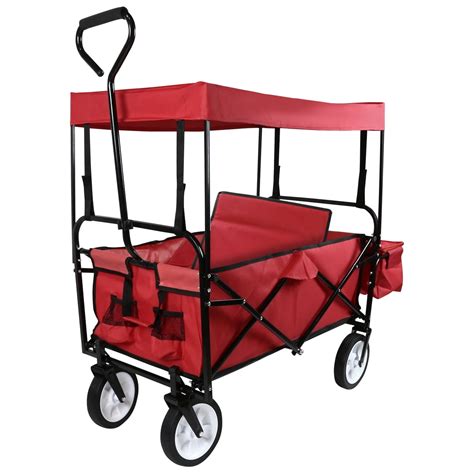 Geniqua Red Utility Collapsible Folding Wagon Cart w/Canopy Garden Beach Toy Sport Buggy ...