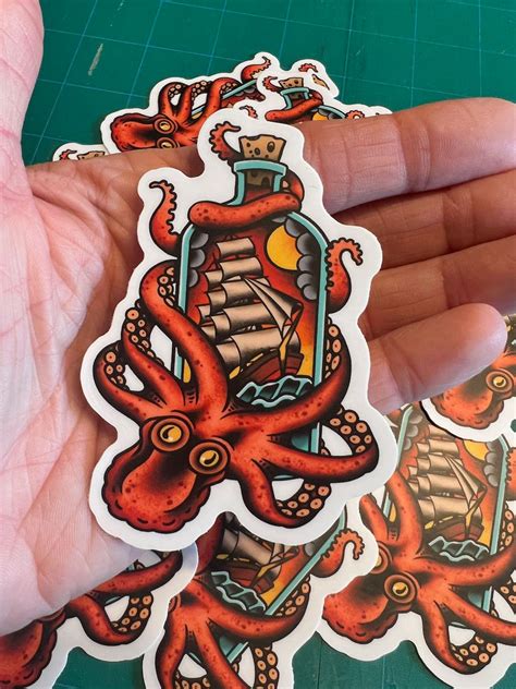 Kraken Ship in a Bottle Tattoo Sticker Octopus American - Etsy