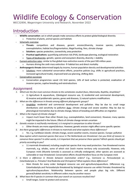 20221031 Wildlife Ecology and Conservation - Wildlife Ecology & Conservation WEC32806, - Studeersnel