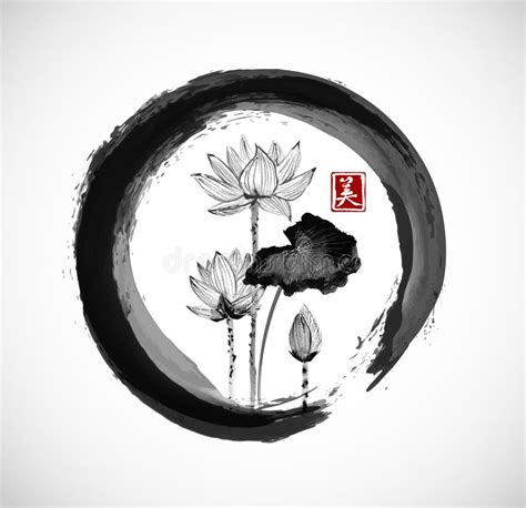 Lotus Flowers in Black Enso Zen Circle. Stock Vector - Illustration of ...