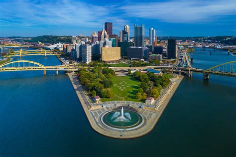 Pittsburgh Skyline Aerial With Fountain, Two Rivers And Bridges - City Surveillance Pittsburgh