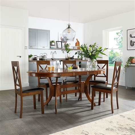 Townhouse Oval Dark Wood Extending Dining Table with 6 Kendal Chairs (Brown Leather Seat Pads ...