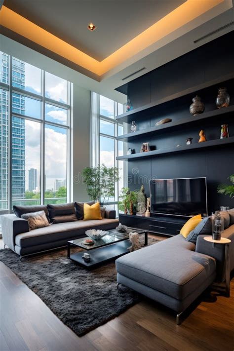 Modern Luxury Condo Living Room with Furniture Stock Illustration ...