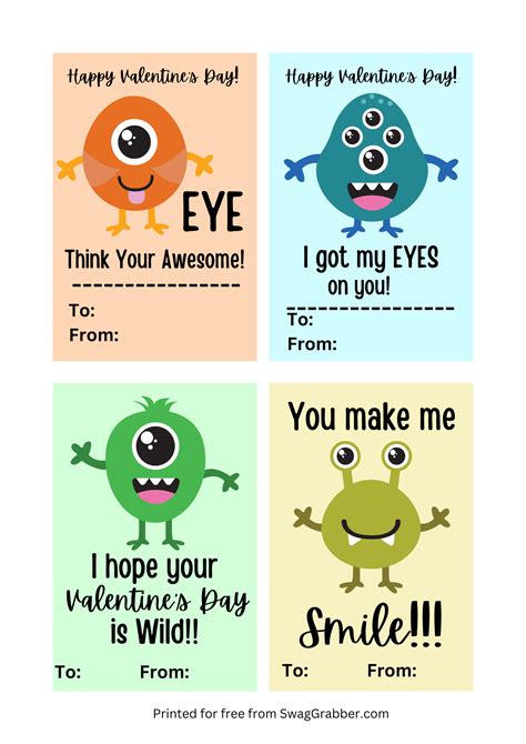 Free Printable Kids Valentine's Day Monster Cards | SwagGrabber