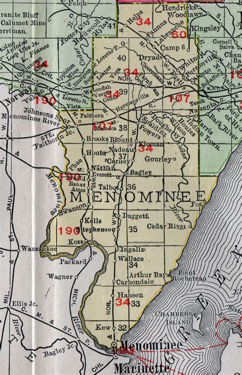 Menominee County, Michigan, 1911, Map, Rand McNally, Hermansville ...