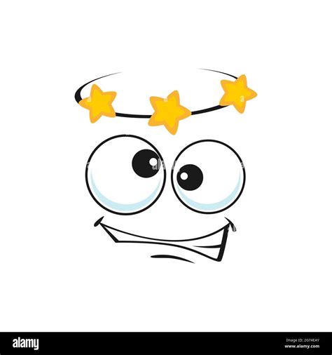 Cartoon dizzy face, vector dizziness emoji with stars over head and slanting eyes, vertigo funny ...