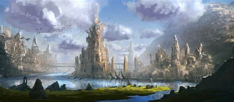 fantasy world art town water HD wallpaper