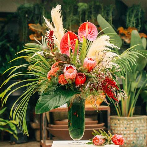 Pink Protea and Coxcomb Blooms - Empty Vase Floral Arrangement | Tropical flower arrangements ...