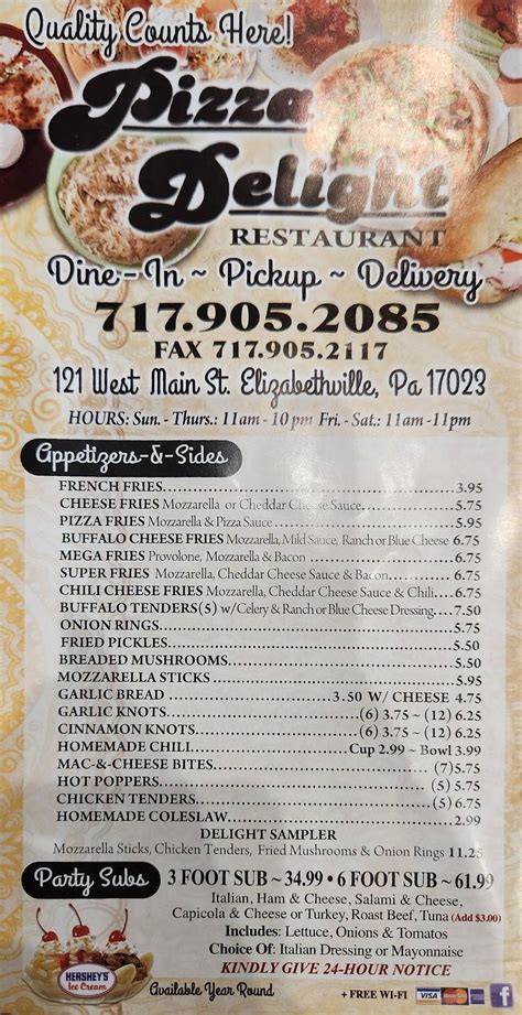 Menu at Pizza Delight pizzeria, Elizabethville