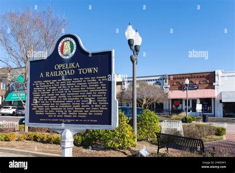 Opelika, Alabama, USA-March 3, 2021: Historic marker on Railroad Avenue in the Historic District ...