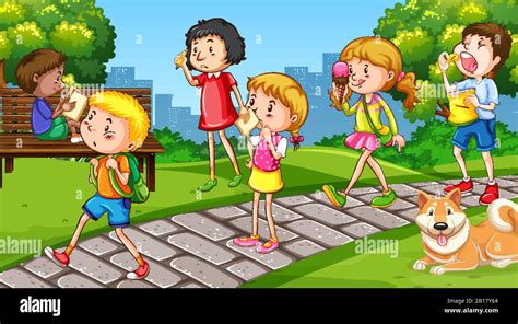 Scene with many children walking in the park illustration Stock Vector ...