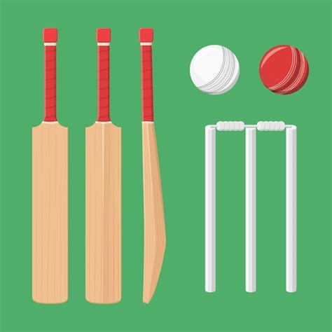 Premium Vector | Cricket bat red white ball and wicket set flat vector illustration isolated ...