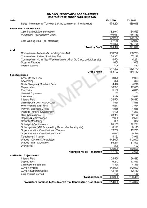 Example Profit & Loss Statement format | Newsagencies For Sale Pty Ltd