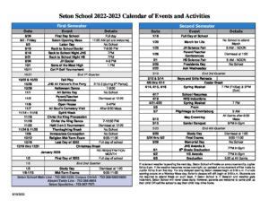 2022-2023 Seton School Calendar of Events and Activities | Seton School Manassas