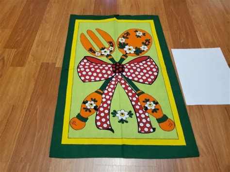 AWESOME RARE VINTAGE Mid Century retro 70s big bow grn utensils tea towel fabric $23.00 - PicClick