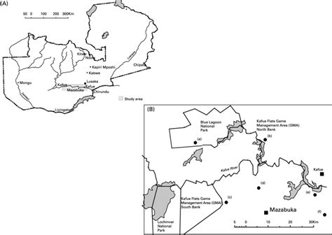 Map of Zambia showing (A) the Kafue River Basin and the Kafue Wetlands ...