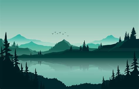 Lake Mountain Panorama Landscape in Green Monochrome Flat Illustration 2178674 Vector Art at ...