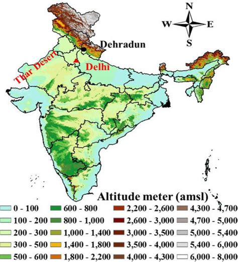 Topography map of India (Courtesy: Cartosat-1 DEM ISRO Bhuvan ...