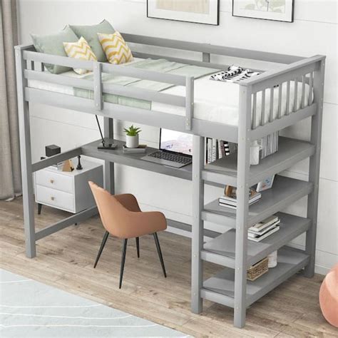 Harper & Bright Designs Modern Gray Wood Frame Twin Size Loft Bed with ...