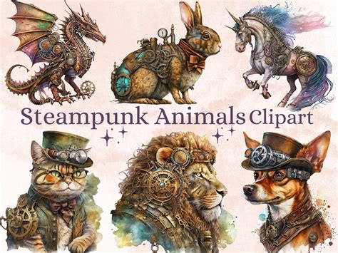 32 Watercolor Steampunk Animals Clipart, Steampunk Animal Ephemera, Fantasy Steampunk Animal Png ...