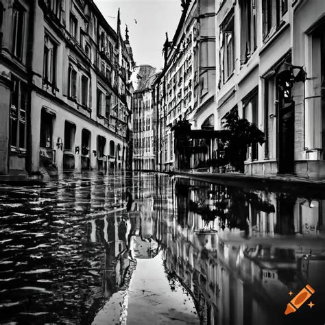 Black and white photo of a rainy european city